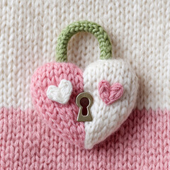 Heart-shaped knitted lock with pink hearts shows love for Valentine celebration on cozy wool background