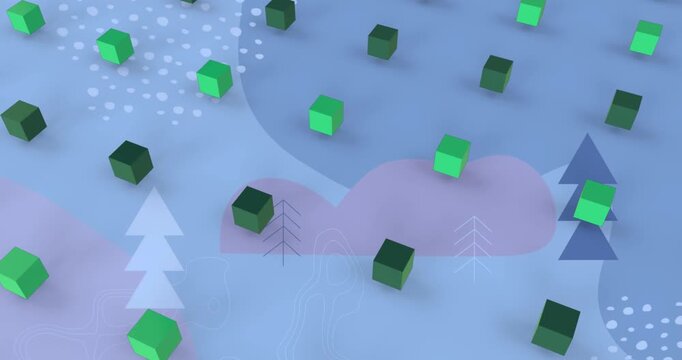 Animation of green 3d cube icons in seamless pattern over christmas tree icons on blue background