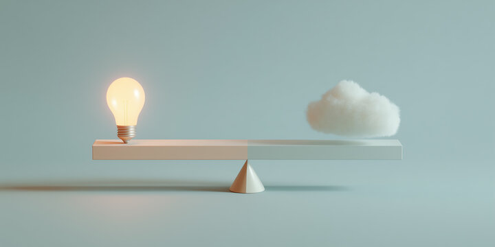 White balance scale with a glowing light bulb and a cloud symbolizing logic versus intuition on a soft gray background.
