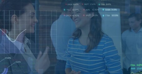 Animation of statistical data processing over two diverse female colleagues discussing at office - Powered by Adobe