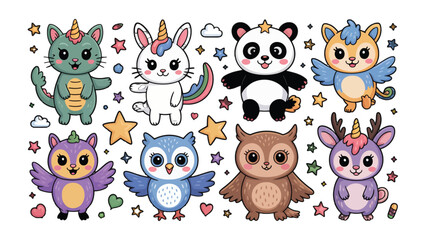 Fototapeta premium Magical Animal Collection: A delightful collection of cute, cartoonish animals, each with a unique personality and charm, including a dragon, unicorn, panda, owl, and others.