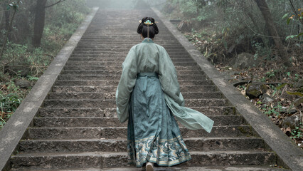 Traditional Chinese Hanfu wearer ascends historic stone steps in a foggy mountain woods area reflecting peaceful cultural beauty and ancient aesthetic style.