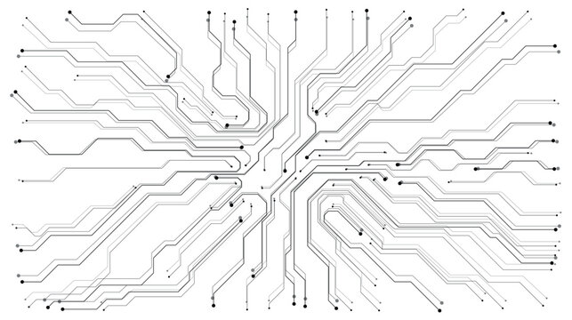Digital circuit board background showcasing white electronic patterns. Vector tech design with semiconductor lines, motherboard elements, and modern circuitry composition. Digital vector illustration