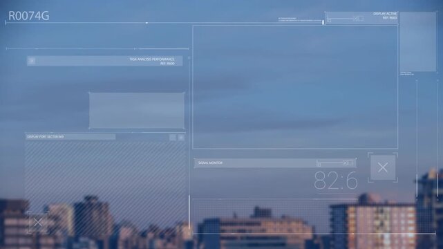 Animation of digital screen with numbers and text over high section of buildings against blue sky