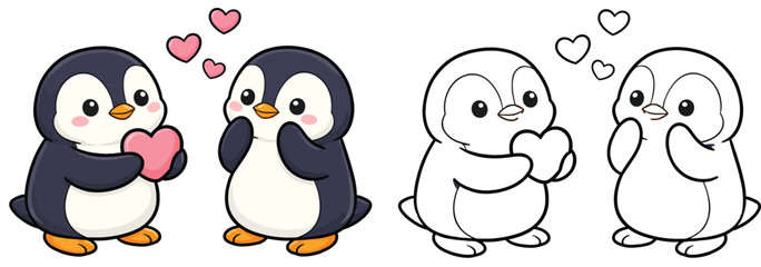 Obraz premium A cute pair of penguins in love with pink hearts vector illustration Children's coloring book with a happy cartoon bird outline Idea for a romantic Valentine's Day