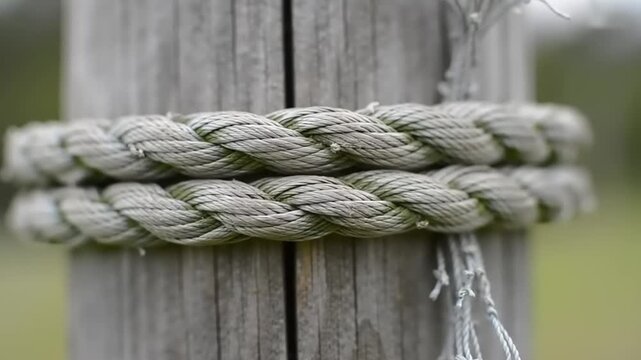 Rope wrapped around weathered wooden post.