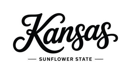 Kansas sunflower state typography logo design with bold cursive lettering and decorative horizontal lines, clean modern branding artwork symbolizing state identity, heritage, and cultural pride © VectorCraze