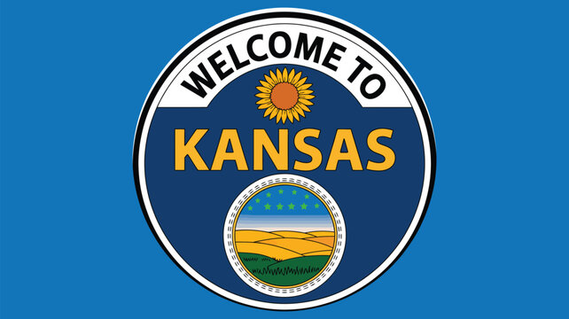Circular welcome to kansas sign illustration with sunflower emblem, bold yellow typography, blue background, scenic agricultural landscape artwork symbolizing state identity, heritage, and tourism cul