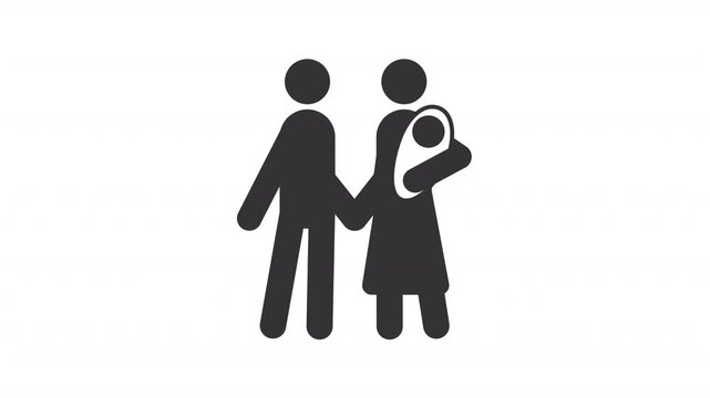 Family stickman animation silhouette. Mother holding the baby. Newborn baby, parent couple. Child care. Simple human stick figure. Solid glyph pictogram HD video. Dynamic person movement