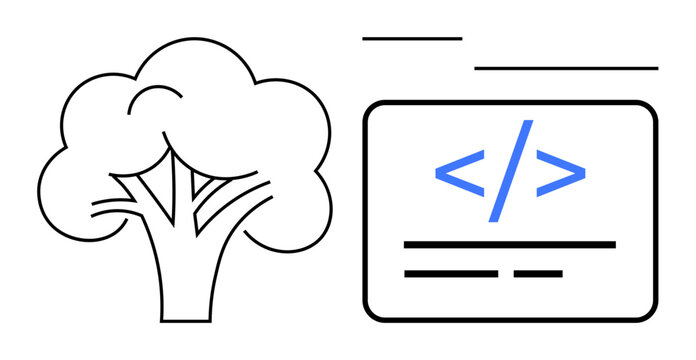 Sustainability, technology, nature conservation, environmental coding, digital ecology, programming interfaces. Minimalist tree and coding symbol in linear style. Sustainability and technology - Powered by Adobe