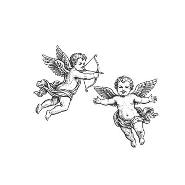 Vintage Woodcut Engraving of Two Flying Baby Cherub Angels in Classical Renaissance Style