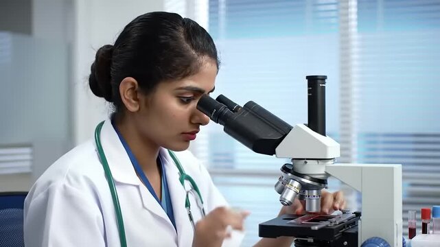 Scientist with microscope in lab.