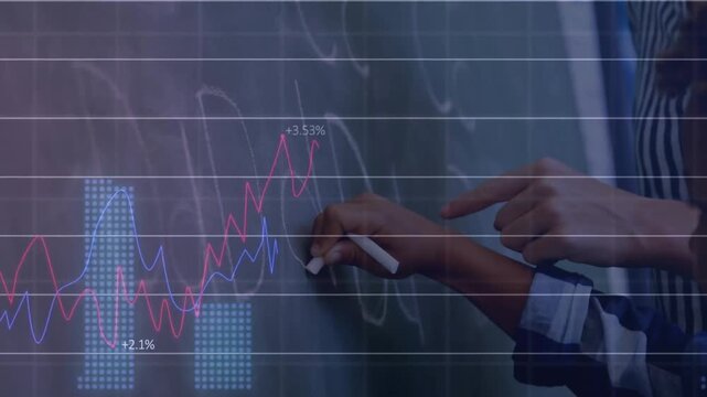 Animation of data processing over diverse schoolchildren by chalkboard in classroom