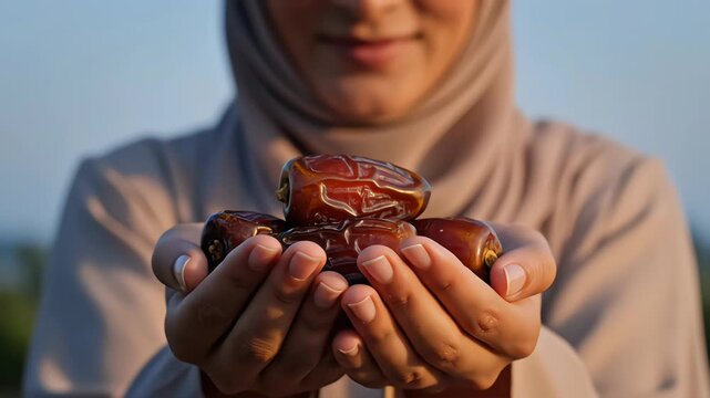 Close-up of a woman's hands holding Medjool dates during Sahur. Serene lifestyle realism with a soft beige hijab and cool pre-dawn lighting in 4K resolution