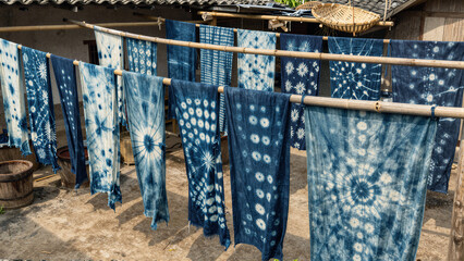 Traditional indigo-dyed fabrics with intricate shibori patterns hang outdoors on a bamboo rack to dry under the sunlight in a rural textile workshop.