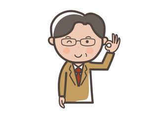 OKサインを出す眼鏡をかけた中高年男性ビジネスマンの上半身イラスト