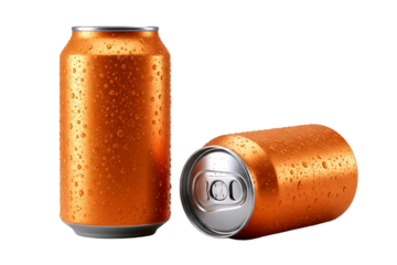 Two orange soda cans with condensation, isolated on transparent background