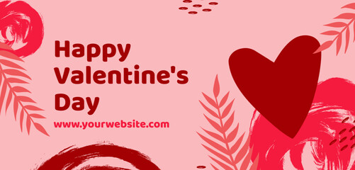 Banni&egrave;re Joyeuse Saint-Valentin avec un coeur sur fond rose et &eacute;l&eacute;ments graphiques moderne. Concept visuel pour promotion de f&eacute;vrier sur son site internet