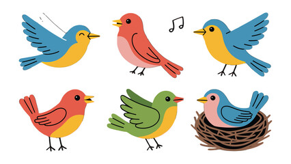 Fototapeta premium Harmonious Flutter: An illustration of a gathering of vibrant birds, each displaying unique plumage and personality, conveying a sense of serenity and charm. 