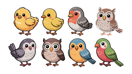 Fototapeta premium Delightful Ornithological Collection: A cheerful assortment of charming avian illustrations, each showcasing a unique personality and vibrant plumage. A visual treat for all ages!