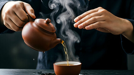 Pouring hot tea during a traditional Asian tea ceremony - mindfulness and zen culture concept.