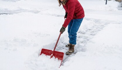 Woman Clearing Heavy Snow Shovel, Winter Driveway Maintenance, Red Tool Outdoor Activity, Manual Sidewalk Removal, Cold Weather Safety, Physical Effort Housework, Frozen Seasonal Backyard Pathway