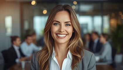 A smiling businesswoman standing in a modern office with colleagues in the background