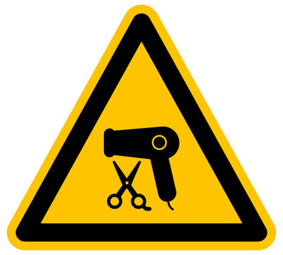 Se&ntilde;al de advertencia para peluquer&iacute;a vector con iconos de secador de pelo y tijeras sobre fondo amarillo para servicios de belleza estilismo profesional y cuidado del cabello moda