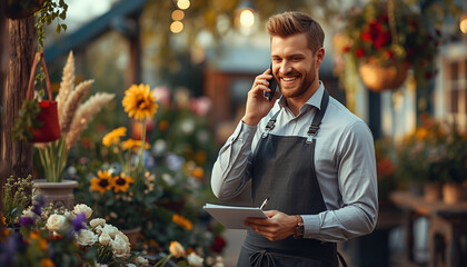 A smiling man in an apron talking on the phone while holding a clipboard in a garden center.