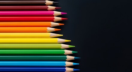Fototapeta premium A close-up view of sharpened colored pencils lined up vertically on a black background, displaying a spectrum of bright colors for artistic expression.
