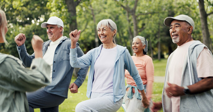 Exercise class, smile and senior woman outdoor together with personal trainer for group training. Active, fitness or workout with coach and old people in park for demonstration, health or support