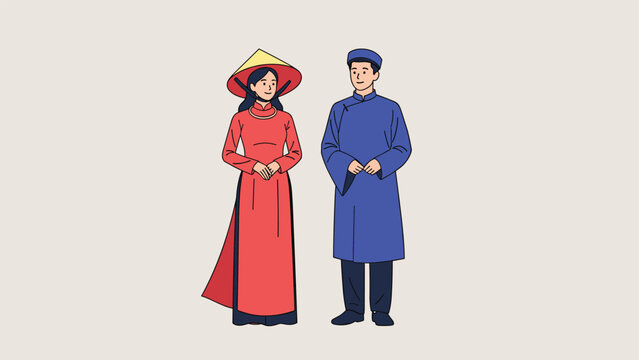 An elegant illustration of a Vietnamese man and woman standing together in their traditional national costumes, the Ao Dai and Ao Gam.