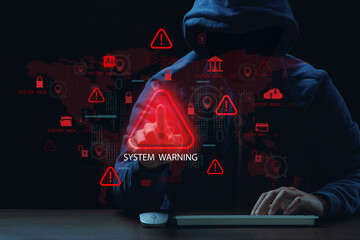 Cybersecurity and AI protection concept. hacker and system warning alert, Hooded man hacker attack system, digital threat prevention, artificial intelligence defense, and internet safety technology.