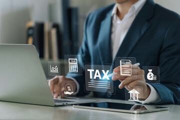 Tax planning concept with a Businessman using a laptop and tablet, digital dashboard, financial analysis, accounting system, corporate strategy, investment, and smart tax management technology.