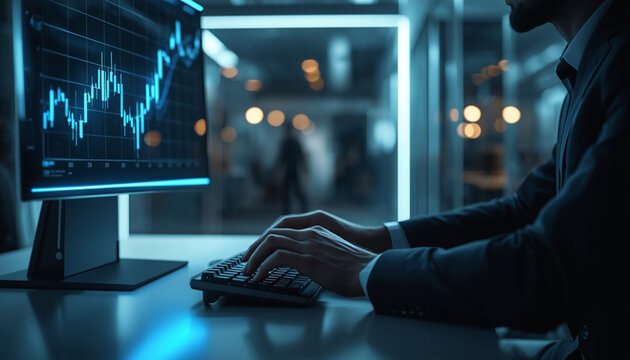 A businessman analyzing a financial graph on a computer screen in a modern office at night - Powered by Adobe