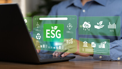 The sustainability information dashboard on the executive laptop emphasizes sustainability, with ECO and AI icons floating above the device, conveying the ease of managing a green business.