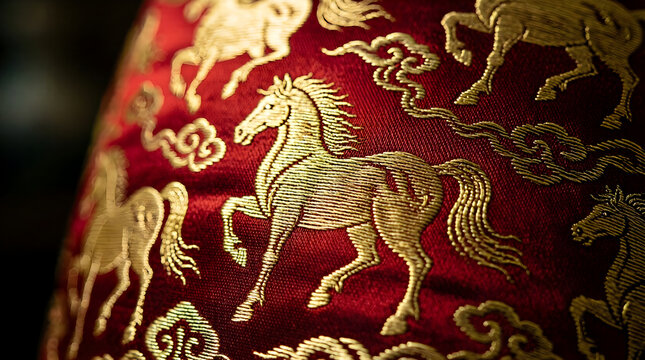 Chinese silk brocade with gold horse pattern - luxury Lunar New Year background