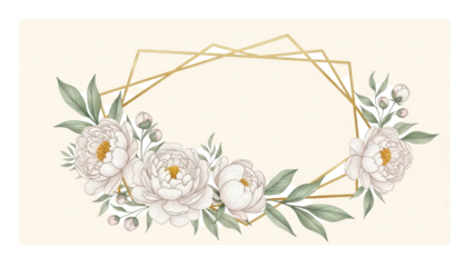 Luxury geometric golden frame with watercolor white peonies and sage green leaves. Modern wedding stationery design template with metallic accents.