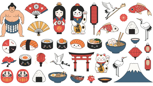 Large collection of cute Japanese cultural icons, including a sumo wrestler, sushi, ramen, Mt. Fuji, and a maneki-neko cat.