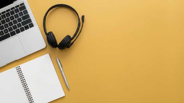 minimalist still life with laptop keyboard, black headset, and open white notebook on smooth yellow background. banner concept for office work, remote work, or call center operator-related themes