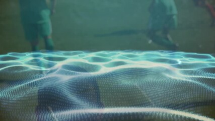 Animation of waves with binary coding over diverse football players on stadium - Powered by Adobe