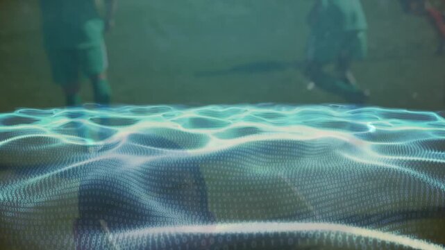 Animation of waves with binary coding over diverse football players on stadium