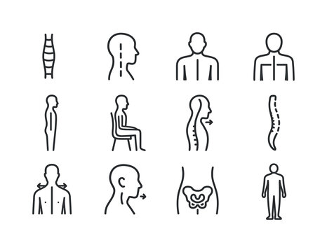Posture Alignment Icons. Postural alignment. Line icon set of postural alignment: neutral spine, aligned head position, straight shoulders, balanced pelvis,