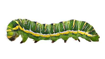 Green caterpillar with yellow stripe on its side isolated on transparent background