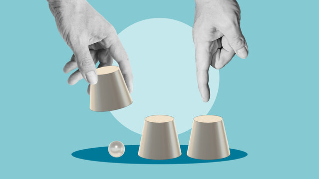 Deception and Manipulation Concept - Hands Playing Shell Game with Hidden Ball, Business Fraud, Misdirection, False Choice and Information Asymmetry Metaphor