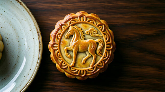 Artisanal mooncake with horse design for Chinese New Year 2026 - traditional Mid-Autumn Festival food