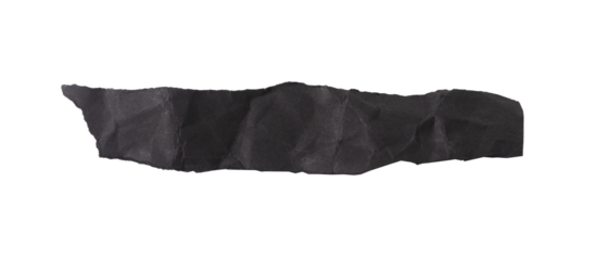 Long torn black paper strip with crumpled texture, matte surface, and uneven teared edges.