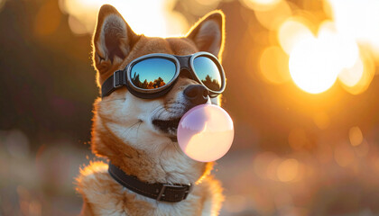 Cool pet inu dog wearing mirrored aviator goggles and blowing bubblegum bubble outdoors at sunset, playful and stylish expression, warm golden light