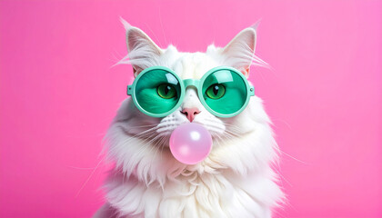 Obraz premium Fluffy white cat wearing oversized mint green goggles blowing pink bubblegum, playful and quirky expression, vibrant pop color background, close up portrait