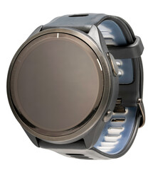 Modern sport watch with round digital display and silicone strap, isolated on white background with clipping path. Concept of fitness tracking, exercise, health monitoring PNG File.